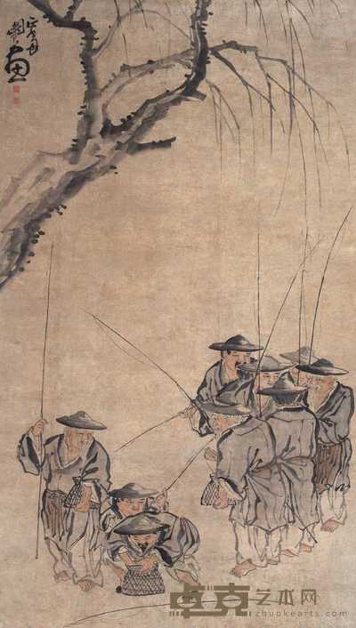 闵贞 柳阴论渔图 立轴 185×104.5cm